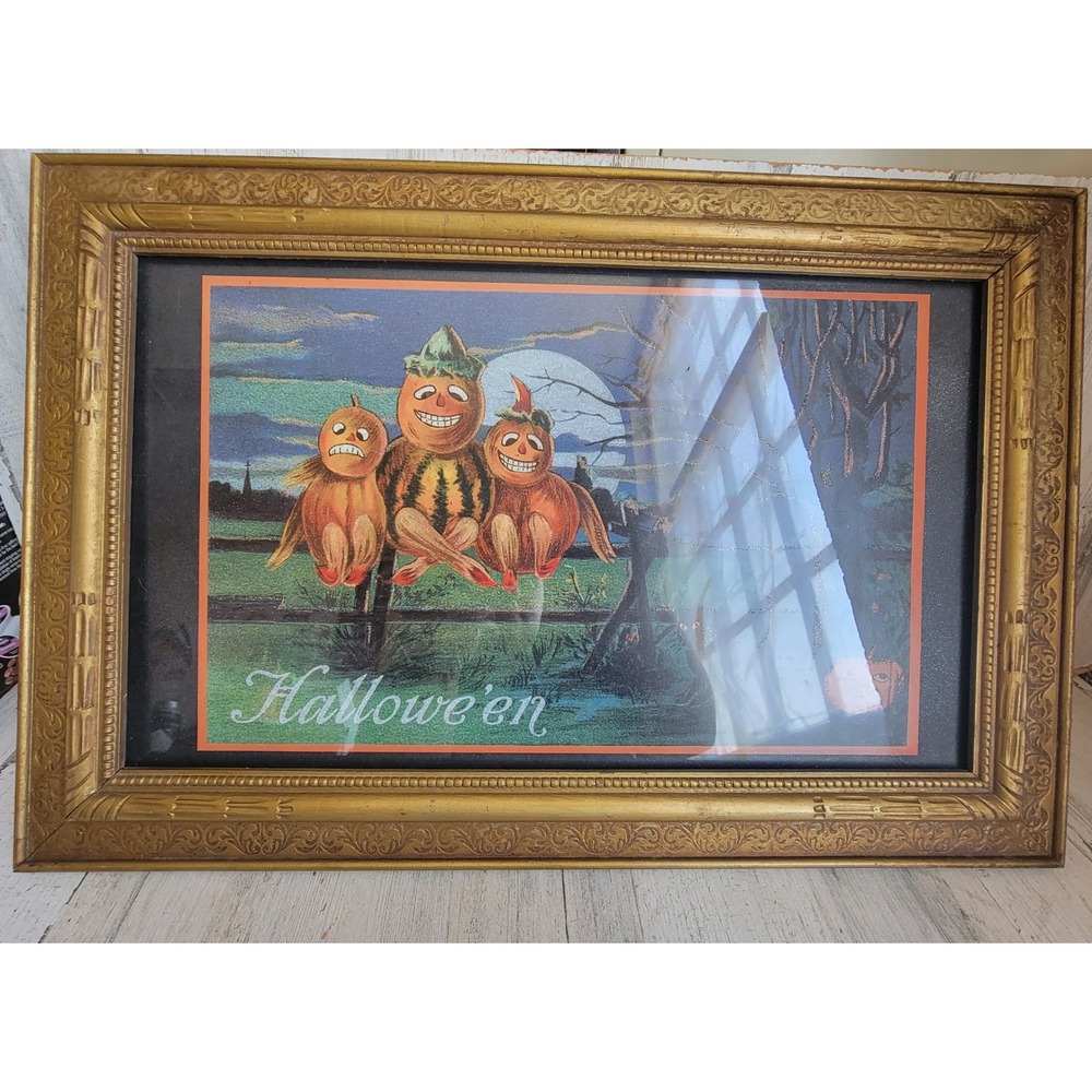 OWC vintage Halloween pumpkin family unique framed art wall hanging home decor